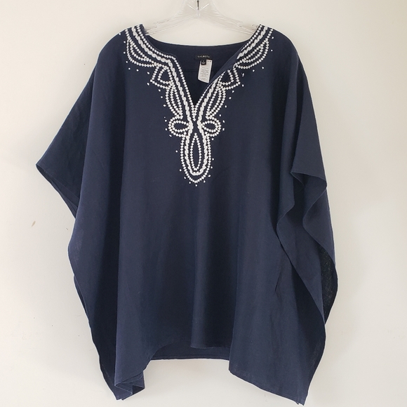 Talbots Navy + White Embroidered Poncho Linen, Size L - Picture 3 of 13